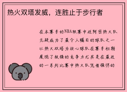 热火双塔发威，连胜止于步行者