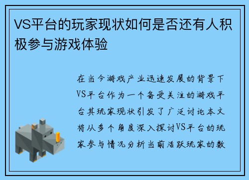 VS平台的玩家现状如何是否还有人积极参与游戏体验